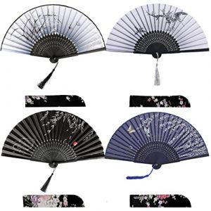 iZoeL Lot 4 Eventail Japonais Eventail Mariage Eventail Pliant Ventilateur Bois Tissus Poche Decoration Mariage Eventail Chinoise Danse Fête Cadeaux Mariage Eventail - Pochette de Protection (CrushOnu, neuf)