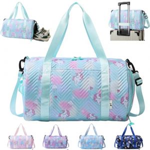 Sac de Sport Fille, 25L Imperméable Sac de Voyage, Licorne Sac Weekend Enfant, Sac Voyage Cabine Avion, Travel Bag pour Gym Sport avec Compartiment à Chaussures et Poche Humide, Vert (YUANXIASM, neuf)