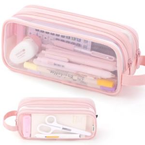 ANGOOBABY Grande trousse de maquillage transparente en maille pour crayons, 2 compartiments, sac &agrave; main transparent, multifonction, pour adolescents, &eacute;tudiants, affaires, voyages, bureau, adulte, Rose (HAxianghui08, neuf)