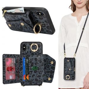 Lipvina Coque pour iPhone X/XS avec Cordon Porte Carte Coque iPhone X/XS zipp&eacute; Portefeuille Femme Telephone Portable R&eacute;glable Collier Housse &Eacute;tui avec Anneau pour Femmes - L&eacute;opard Noir (Machan-US, neuf)