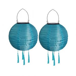 Lampions solaires d'ext&eacute;rieur r&eacute;sistant aux intemp&eacute;ries - Lanterne solaire LED - Lampion d'ext&eacute;rieur &eacute;tanche avec pompon - Lanterne de jardin en papier - Lanterne d'ext&eacute;rieur - 20 cm (2 pi&egrave;ces) - Bleu (ZDD123, neuf)