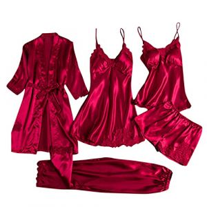 G&eacute;n&eacute;rique 5 Pi&egrave;ces Femme Sexy Chic Ensemble De V&ecirc;tements De Nuit en Satin Nuisette Dentelle Cami Chemise De Pyjama, Feminin Sensuelle Peignoir de Soie Chemisette De Nuit Ensemble De Lingerie (qieycgd, neuf)