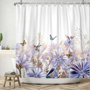 ASDCXZ Rideau de Douche Fleurs 165x180 cm, Printemps Fleurs Violettes Feuilles Papillon color&eacute; Oiseau Blanc Lavables Textile Rideau de Bain imperm&eacute;able pour Baignoire avec 12 Crochets (Qingjuan Trade, neuf)