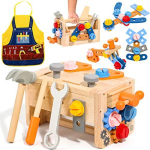 Caisse a Outil Enfant Jouet Enfant 3 4 5 Ans Fille Garcon, Boite a Outils avec Tablier Jouet en Bois Établi, Jeu de Construction Jeux Educatif 3 4 5 Ans Cadeau Garcon Fille 3 Ans (DingTop, neuf)