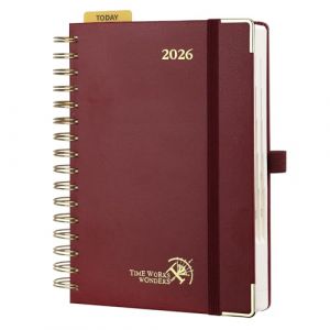 POPRUN Agenda journalier 2026, une page par jour &ndash; [Couverture rigide &agrave; spirales] Agenda 2026 avec calendrier mensuel, poche int&eacute;rieure, papier ivoire TJ-26-WEHBTA5-BY &ndash; Bordeaux (Time Works Wonders, neuf)