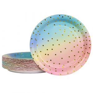 DHAIQC Lot de 50 Assiettes de fête 23 cm, Or Arc en Ciel Assiette Carton Kit Vaisselle Jetable Anniversaire pour Barbecue Anniversaire ou Fête Baby Shower Mariages (Or Arc en Ciel) (xinjuezhuangshi, neuf)