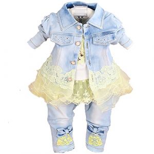 Yao 6M-5A Ensembles de vêtements en Denim pour Petites Filles Ensembles de 3 pièces T-Shirt Veste en Jean et Jean (Jaune,2-3A) (LittleWish, neuf)