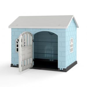 GYMAX Niche pour Chien en Plastique Imperméable, Abri pour Chiot Intérieur et Extérieur, 3 Fenêtres et Porte Verrouillable, pour Petits et Moyens Chiens, 75x58x65cm (Bleu) (GYMAX EU, neuf)