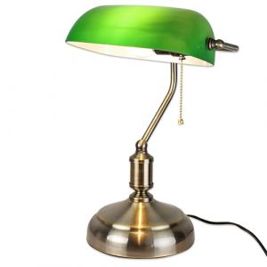 FISHTEC Lampe de Banquier Verte - Lampe de Bureau Vintage - Chevet Rétro - Notaire, Avocat, Bibliothèque - Culot E27 - Opaline en Verre - Interrupteur Chaînette - 38 CM - Pied Bronze (SOLDELA ®, neuf)
