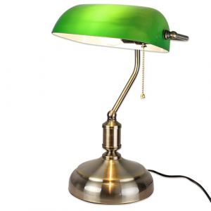 FISHTEC Lampe de Banquier Verte - Lampe de Bureau Vintage de Chevet Rétro - Notaire, Avocat, Bibliothèque - Culot E27 - Opaline en Verre - Interrupteur Chaînette - 38 CM - Pied Bronze (SOLDELA ®, neuf)