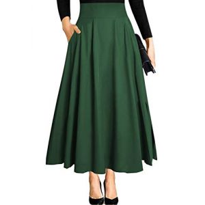 Ranphee Jupe Longue Femme Ete Vert Chic et Elegant Taille Haute A-Ligne Maxi Midi Festival Fluide Trapeze Evas&eacute;e Fendue avec Poches Fermeture Eclair L (Ranphee Store, neuf)