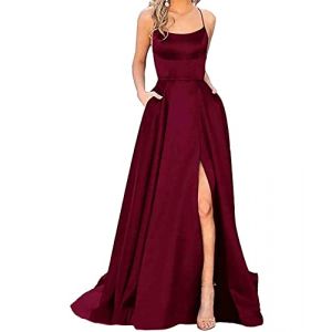 xxxiticat Robe de bal longue élégante pour femme avec poches, en satin, ligne A, dos nu, sexy, dos nu, spaghetti, robe longue, robe de princesse, robe de demoiselle d'honneur, Bordeaux, XS (xxxiticat, neuf)