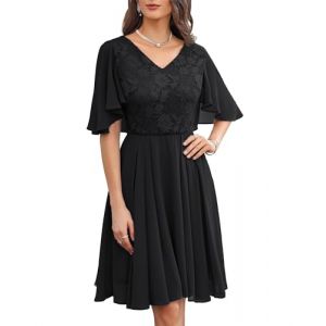 GRACE KARIN Femme Robe Patchwork en Mousseline de Soie Robe d'Été à Manches Courtes Cape Robe au Genou Col en V Robe Forme Trapèze 36 Noir (Claroine EU, neuf)