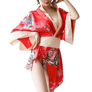 YJZQ Kimono japonais Ensemble Lingerie Femme Sexy Col Kimono Lingerie Japonaise Imprim&eacute; Sakura Robe Sous-v&ecirc;tements Peignoir Femme Court avec Ceinture Satin Pyjama Plage Cosplay Geisha (YJZQ, neuf)