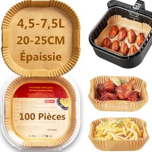 PETHREE Papier Cuisson Air Fryer 4,5-7,5L XXL, 100 Pi&egrave;ces Sans BPA &Eacute;paissi 20-25cm Papier Carr&eacute; Sulfuris&eacute; pour Air Fryer, Antiadh&eacute;sive Accessoires Moule Papier Friteuse - &Eacute;paisseur 100&mu;m (LixinMed, neuf)