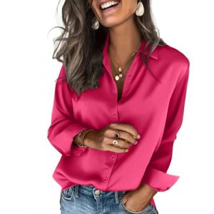 Chemise Boutonn&eacute;e en Satin &agrave; Manches Longues pour Femme - Chemisier en Soie Chic et Elegant - Col en V - Style D&eacute;contract&eacute; pour Le Travail et Le Bureau Cadeau No&euml;l,Rose Vif,XXL,f28r (Routefuture, neuf)