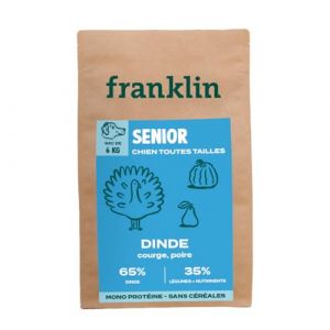 Franklin – Croquettes pour Chien Senior – Gamme Protéinée – avec 65% Dinde – sans céréales – Mono-protéine – Taille 13mm– 6 kg (Franklin Pet Food, neuf)