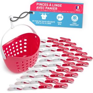 culiclean Pince a Linge Soft Clips – Panier Epingle a Linge – Fabriqué en France – Blanc-Viva Magenta avec Panier Viva Magenta – Lot de 40 Pinces + 1 Panier (ISC Brands, neuf)