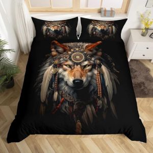 Homewish Housse de Couette Attrape-Rêves de Loup 240 x 260, Parure de Lit Adulte Attrape-Rêves Indien, Sets de Housses de Couettes Animaux Imprimé en 3D, Couvre Lit Décoratif en Plumes Vintage (Suzhou yiyanyun e-commerce Co., Ltd, neuf)