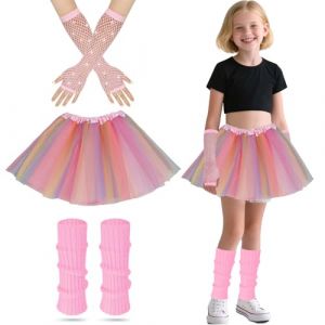 AffeGifts Déguisement Année 80 Fille, Deguisement Disco Enfant Filles Néon Jambes Chauffers Filets Gants et Robe Fantaisie Tutu Pour Les Années 1980 Fête à Thème Discothèque Fête Costume (Rose) (AffeGifts FR, neuf)