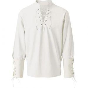 Chemise de pirate &agrave; manches longues en lin pour homme - Chemise viking m&eacute;di&eacute;vale avec lacets - Col montant - Gothique Steampunk Renaissance - Costume victorien vintage - Costume de pirate - T-shirt (Meimessle, neuf)