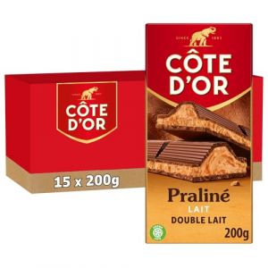 C&Ocirc;TE D'OR - 15 Tablettes C&ocirc;te d'Or Chocolat au Lait et Pralin&eacute; Noisettes, Amandes, Noix de Cajou 200g - Chocolat au Lait et Fourrage - Lot de Tablettes de Chocolat - Lot de 15x200g (Plaisir & Snacking, neuf)