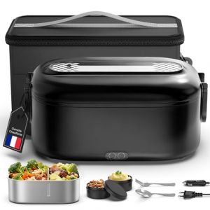 Gamelle Chauffante, Lunch Box Chauffante Electrique, 1,5 L 80 W Gamelle Isotherme pour Repas Chaud, 12V/24V/220V Acier Inoxydable Boite Repas pour Voiture Camion Bureau, Tupperware Chauffant, Noir (CHLOE STUDIO, neuf)