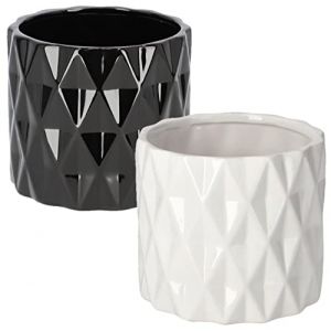 KOTARBAU&reg; Lot de 2 pots de fleurs en c&eacute;ramique &eacute;maill&eacute;e Blanc/noir Forme cylindrique (KOTARBAU, neuf)