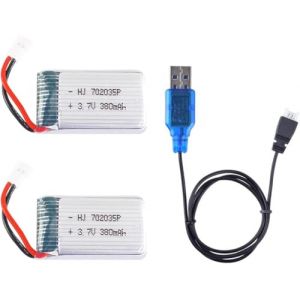 YUNIQUE GREEN-CLEAN-POWER - Lot de 2 batteries LiPo 3,7 V 380 mAh avec c&acirc;ble USB | Compatible avec Hubsan X4 H107c H107d H107L, Syma X11 X11C, HS170 | Id&eacute;al pour quadricopt&egrave;res RC, Silver (YUNIQUE GREEN-CLEAN-POWER, neuf)