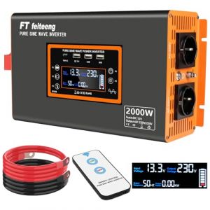 convertisseur 12v 220v pur sinus 2000W transformateu 12v 220v de tension LCD avec 2 prises europ&eacute;ennes et 3 ports USB de type C - Prise avec t&eacute;l&eacute;commande pour camping-car, voiture, camping (FT feiteeng, neuf)