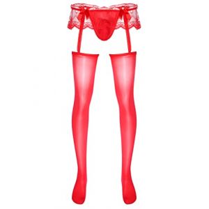 ranrann Collant Homme Sexy Transparent Ouvert Sissy Lingerie Erotique Hot Collant Porte-jarretelle Dentelle String Jockstrap Gay Type A Rouge Taille Unique (ranraneu, neuf)