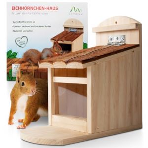 GARDIGO® Mangeoire Ecureuil Extérieur - avec Toit Ouvrant I Distrubuteur de Nourriture Écureuils I Maison Écureuil I Distributeur de Nourriture en Bois pour plusieurs Animaux I Facile à Remplir. (tevigo gmbh, neuf)