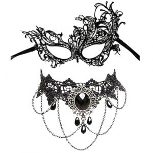 BEPSYOM Lot de 2 masques vénitiens en dentelle gothique avec collier choker, demi-visage sexy pour carnaval, vénitien, de bal pour femmes et filles - Pour nouvel an et carnaval(Noir) (LI MINGMING uk shop, neuf)