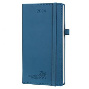 POPRUN Agenda de Poche 2026 Semainier 16,5 x 9 cm - Couverture Rigide en PU Cuir, Petit Planner D'Jan 2026 à Déc 2026-12 Mois, Avec signet à 2 rubans, Papier 80 g/m², Bleu nuit (Time Works Wonders, neuf)