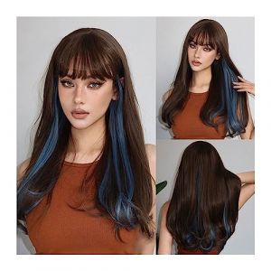 Perruques pour femmes Longue Ondulée Cosplay Highlight Perruques Synthétiques Avec Une Frange Brun Mixte Bleu Naturel Vague Perruque De Cheveux for Les Femmes Afro Party Résistant À La Chaleur Perruqu (mengliouzhou, neuf)