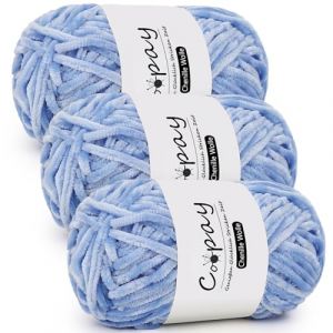 Coopay Lot de 3 pelotes de laine chenille pour crochet, 100 g de fil chenille velouté, épaisse et moelleuse, laine chenille, douce, pour couvertures, écharpes, bleu ciel (YutongTech, neuf)