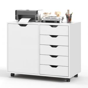 COSTWAY Caisson de Rangement &agrave; roulettes 5 Tiroirs, Placard avec &Eacute;tag&egrave;re R&eacute;glable, Caisson Bureau Blanc avec Poign&eacute;e Incurv&eacute;e, Support d'Imprimante 5 Roues avec 2 Frein, 78 x 40 x 65 cm (FDS GmbH, neuf)