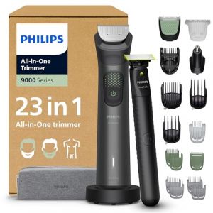 Philips Multigroom série 9000 Tondeuse tout-en-un 23 accessoires + rasoir OneBlade pour hommes – ensemble tondeuse/rasoir pour barbe, cheveux et corps, 27 hauteurs de coupe (0,2-20 mm), MG9561/30 (Hathoria FR, neuf)