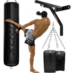 RDX Sac De Frappe Lourd De 1,5 m, 2 Pi&egrave;ces, 3 Pi&egrave;ces Et 4 Pi&egrave;ces, 25 kg Pr&eacute;-rempli avec Capacit&eacute; De Remplissage Maximale De 50 kg, Ensemble De Sacs De Boxe avec Gants, Support, Cha&icirc;ne en Acie (RDXINC LTD, neuf)