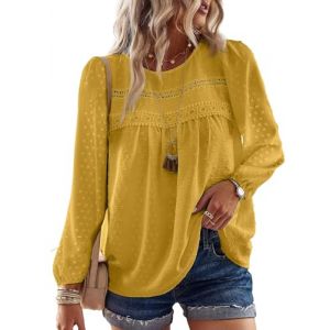 TUUHAW Top Femme Chic et &Eacute;l&eacute;gant Automne Boh&egrave;me Manches Longues Col Rond Tunique Fluide &agrave; Point Suisse T-Shirts Chemise Mousseline Hauts D&eacute;contract&eacute; Blouses Loose Jaune L (TROFANO, neuf)