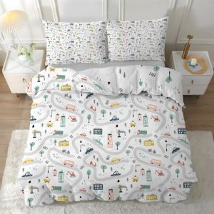 Linfye Housse de Couette 140x200 Enfant Garçon Voiture Blanche Imprimée Parure de Lit 1 Personne, Couleur Réversible Sets de Housse Couette avec Fermeture Éclair avec 2 Taie d'oreiller 65x65 cm (Linfye Maison Confortable, neuf)