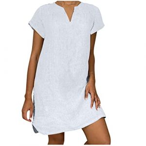 Robe d'été en lin pour femme - Robe midi décontractée à manches courtes - Robe en coton - Col en V - Robe tunique grande taille - Robe d'été trapèze - Robe de plage quotidienne, Blanc 01, XL (iNSe 51%, neuf)