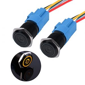 JIQI 2 &times; 16mm Interrupteur &agrave; bouton-poussoir en m&eacute;tal &eacute;tanche &agrave; verrouillage, 12V &agrave; 24V 2A IP66 1NO 1NC, avec symbole d'alimentation LED, bouton poussoir noir pour voiture DIY Auto(jaune) (LUBAN STORE, neuf)
