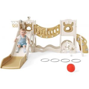 Grand toboggan pour enfant avec panier de basket-ball, structure d'escalade pour jardin, t&eacute;lescopique, espace de rangement (mod&egrave;le actif 7 en 1 Elk Slide (Khaki))) (Maksimshopco, neuf)