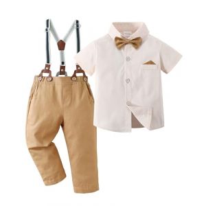 Amissz Vêtement Ensembles Bébé Garçon Gentleman, Enfant chemise + nœud papillon + bretelles + Pantalon Tenue Ceremonie Fete Abricot-1, 18-24 mois (ZHANG-EU, neuf)