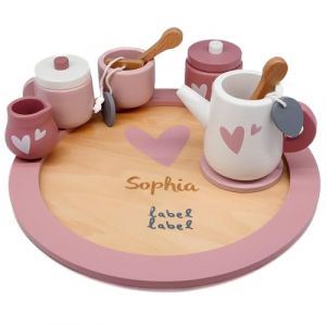 Personnalisable Service &agrave; th&eacute; en Bois Rose &ndash; Accessoires pour Cuisine Enfant & favorise Le Jeu de r&ocirc;le &ndash; pour Enfants &agrave; partir de 18 Mois &ndash; personnalis&eacute; avec Le pr&eacute;nom &ndash; Label Label (KIDSLINO, neuf)