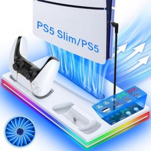 3 en 1 Support PS5 avec Chargeur Manette et Ventilateur &agrave; 3 Vitesses, Socle PS5 pour PlayStation 5 Pro/Slim & Standard Disque/Num&eacute;rique, Refroidisseur PS 5 avec RGB et 2 Ports USB (Banaone Trade Store, neuf)
