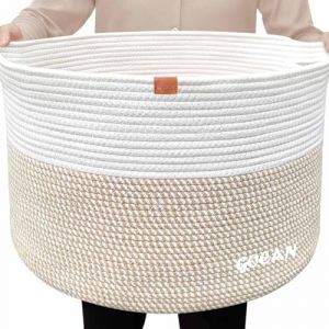 GOCAN Grand panier à linge, rangement de jouets, panier à couvertures, paniers en corde de coton tissée avec poignées pour le salon (marron/beige) XXXL (GOCAN-EU, neuf)