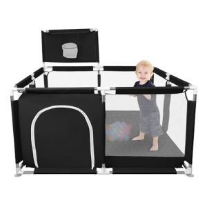OHMG 180X120CM Parc Bebe,Parc Enfant,Grand Parc Bebe avec Barrières,Parc Bébé en Tissu Oxford, Parc De Jeux Bébé pour Appartement,Basketball Rack,50 Balles,4 Anneaux (Noir, 126 * 126 * 66cm) (jusiZL, neuf)