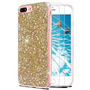 Feyten Coque iPhone 8 Plus/iPhone 7 Plus avec Verre Tremp&eacute; [Lot de 2], Mince Brillant Bling Paillettes Anti-Rayures Antichoc TPU Silicone Souple Housse pour Apple iPhone 8 Plus /7 Plus 5,5" (Or) (Feyten, neuf)